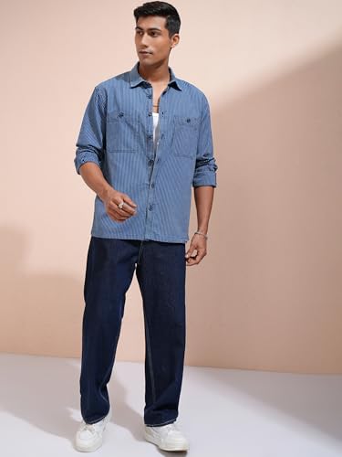 Image of Locomotive Premium Men Washed Dobby Textured Utility Pocket Oversized Over Shirt Blue