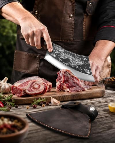 Image of Dragon Engraved Butcher Knife with Leather Sheath | High Carbon Steel Meat Cleaver | Razor Sharp Kitchen Chopper Knife for Meat, Chicken, Fish & Vegetables | Ergonomic Wooden Handle