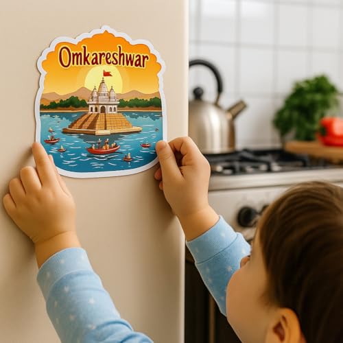 Image of Naxon Omkareshwar Temple Theme Souvenir Wooden Refrigerator Stylish Fridge Magnet - Travel Collectible Gift | Fridge Decoration Magnet for Kitchen & Home Decor | Size 3x3 Inches | Pack of 1