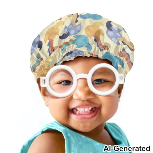 Image of Dinosaur Eggs Print Kids Satin Sleep Cap Elastic Band Hat Night Sleeping Head Cover Satin Bonnet for Curly Natural Hair Beanie for Girls Boys Toddler Baby