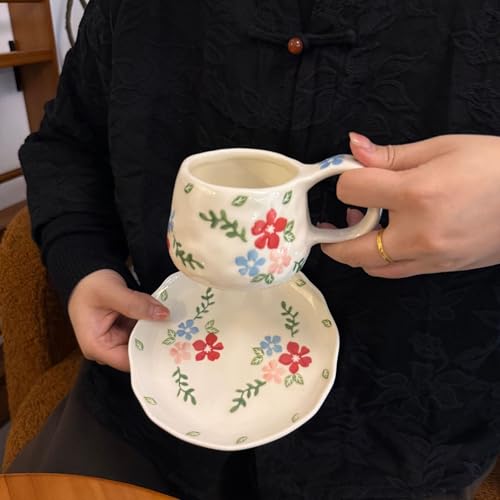 Koythin 250ml Irregular Ceramic Mug With Saucer, Colorful Flower Coffee Cup