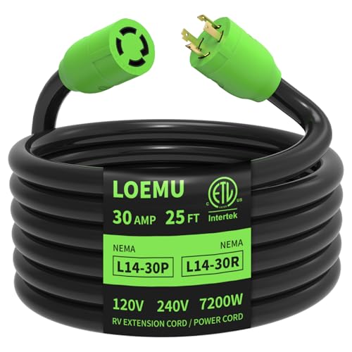 LOEMU 25FT 30 Amp Generator Extension Cord, NEMA L14-30P/L14-30R 10 Gauge Twist Lock Cord 4 Prong...