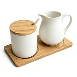 PORFOYO Milch Und Zucker Set, Milchkännchen Weiß Keramik Und Zuckerdose Mit Bambus Deckel Und Löffel, Zucker Und Milchkännchen Set Mit Holz Tablett Für Küche, Esszimmer, Spülmaschinengeeignet