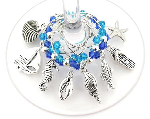 Beach Wine Charms, Seashell, Summer Wine Charms, Beach Lover Gift...