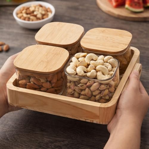 Image of 4 Pcs Borosilicate Glass Square Airtight Jar Set with Pinewood Tray | 450ml Each | Elegant Dry Fruit & Snack Serving Jar Set for Kitchen, Dining & Gifting