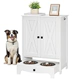 HOOBRO Dog Feeding Station with Feeding Bowls, Pet Organizer Cabinet with Storage and Hooks, Pet Feeding Station with Sliding Drawer and 2 Hidden Bowls for Dog & Cat, White WT12PO03G1