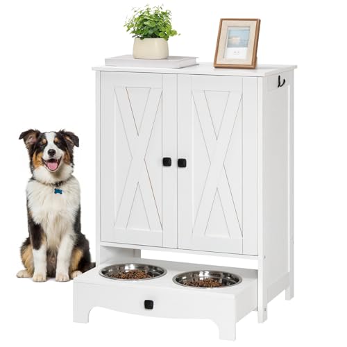 HOOBRO Dog Feeding Station with Feeding Bowls Pet Organizer Cabinet with Storage and Hooks Pet Feeding Station with Sliding Drawer and 2 Hidden Bowls for Dog & Cat White WT12PO03G1