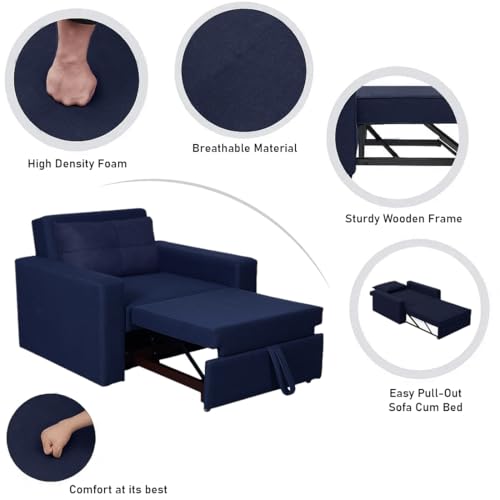 Image of CASASTYLE Seria 1 Seater Pull-Out Premium Fabric Sofa Cum Bed Sofa Set for Living Room (Blue Fabric)