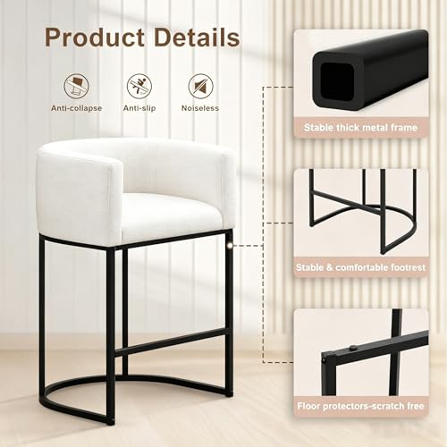 Image of 26 inch H Counter Height Bar Stools Set of 3, Modern Barrel Counter Stools with Backrest and Arms, Linen Fabric Upholstered Accent Barstools for Kitchen Island,Support 450 LBS (White)