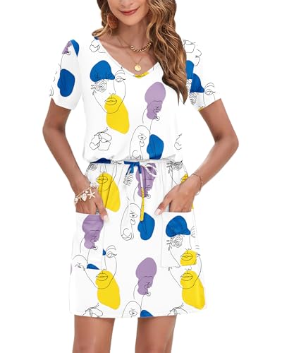 Image of AUSELILY Womens Summer Dresses 2026 Causal Short Sleeve V Neck Tie Front Mini Short Dress with Pockets