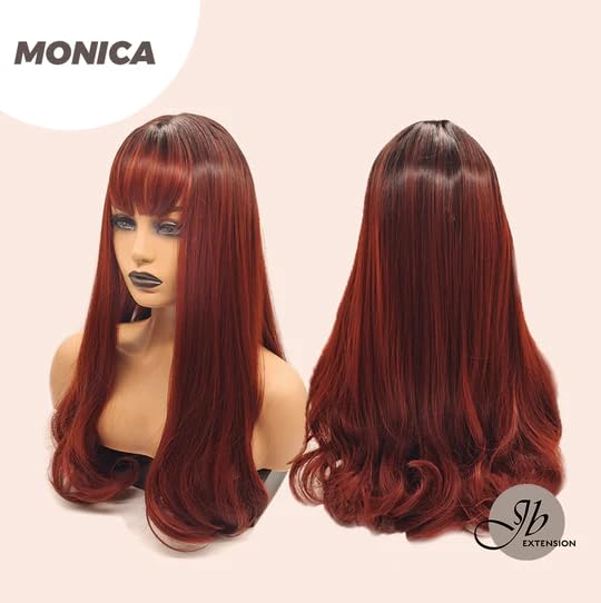 Miniatura 5 de MONICA - Peluca de cabello largo y rizado rojo cobrizo de 24 pulgadas con flequillo, para mujer, sin pegamento, para fiestas, Halloween, pelucas