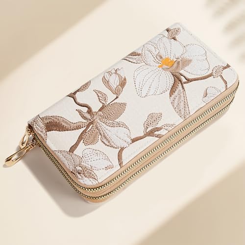Women's Flower Wallets Lady Long Purse Clutch with Wristlet with Zipper Pocket