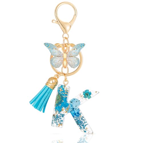MWOOT Letter Keychain Llaveros Inicial Resina,Pétalos de Alfabeto Lámina de Oro Keyring con Mariposa Borla Colgante,Azul Moda Llavero Encanto para Mujeres Chicas Monedero Bolsos Colgante(K)