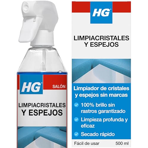 HG Limpiador de Cristales y Espejos, Producto de Limpieza para Cristales y Superficies de Vidrio, No Deja Marcas, Elimina Eficazmente Grasa y Suciedad de Ventanas Rápidamente - Spray 500ml