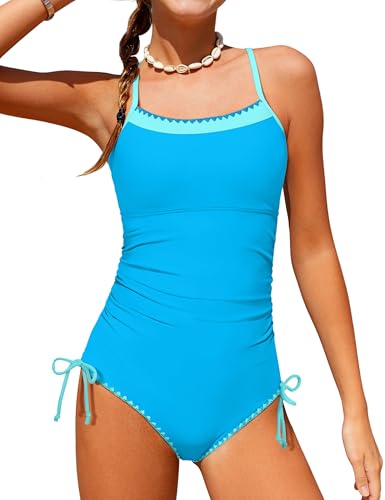 Image of BAVADER Girls Swimsuit One Piece Modest Girls Bathing Suit Solid Square Neck Ruched Adjustable Straps Padded Swimwear 9-16y