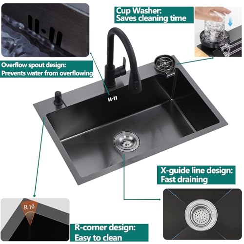 Spüle Schwarz mit Armatur – Spülbecken Set mit Tassenwascher, Seifenspender, Abtropfkorb & Ablaufgarnitur | Nano Edelstahl Küchenspüle 1 Becken für Küche, Bar oder Wohnmobil (50 * 45cm)