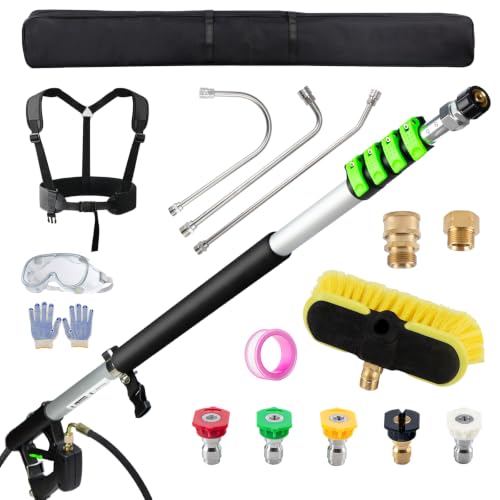 TOR 24 FT Telescoping Pressure Washer Wand with Pressure Washer Extension Wand Gutter Cleaner Attachment Pressure Washer Telescoping Wand with 5 Spray Nozzle Tips 2 Hose Inlet Adapters Brush Head