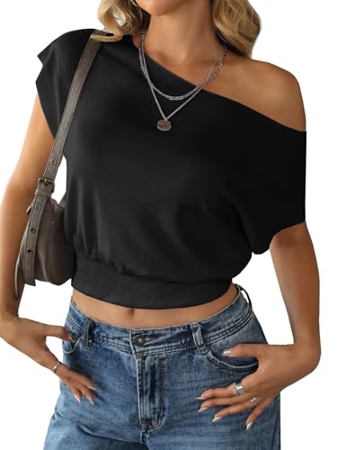 Image of SOFIA'S CHOICE Women's Off The Shoulder T Shirt Crop Top Casual Summer Dolman Sleeve Asymmetrical Cinched Waist Tops