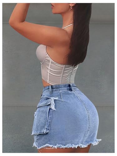 MakeMeChic Women's Raw Hem Flap Pocket Y2K Denim Mini Skirt Summer Short Cargo Skirts2