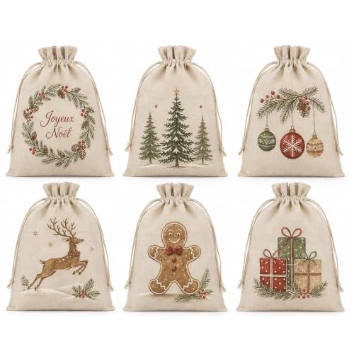 Pochette Cadeau Noel, Sac Cadeau Noel, 6 Pochons Coton-Lin À Cordon
