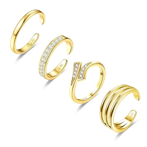 4PCS Toe Rings for Women Gold Adjustable 14K Gold Filled Toe Ring Set Simple Cute Thin Band Hawaiian Beach Summer Foot Jewelry Waterproof Gold Toe Rings