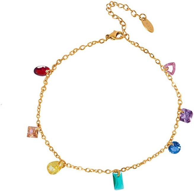 Colorful Crystal Bracelet for Women Titanium Steel Rainbow Diamond CZ Dangle Charm Link Bracelet Chian 18K Gold Plated Adjustable Bracelet Dainty Jewelry Gifts