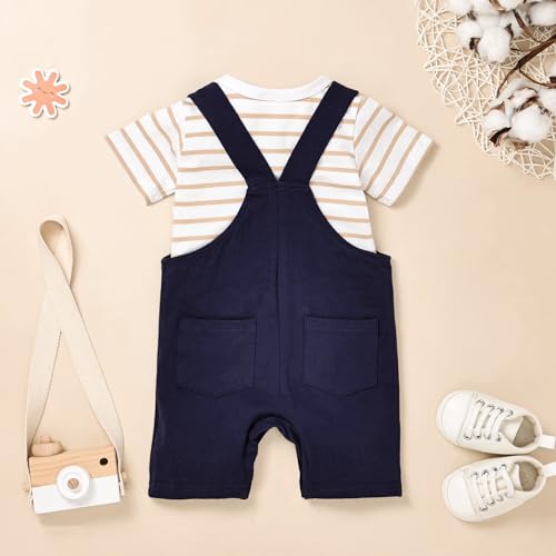 Image of Baby Boy Clothes Striped Romper Cartoon Overall Set 0-18M | Soft Breathable Cotton Romper And Animal Cartoon Overall Shorts Set Offering All-Day Comfort, Daily Wear, Machine Washable