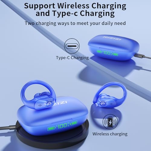 RIZIZI Wireless Earbuds Bluetooth Headphones Wireless Charging Case LED Display 96H Playtime Built in Mic Over Ear Buds Waterproof Earphones with Earhooks Deep Bass for Sport Running Workout Game PC