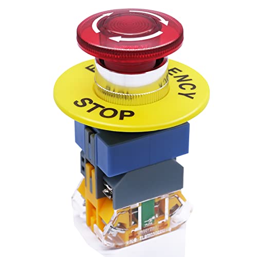 mxuteuk 22mm 110/120V LED Light Red Mushroom Emergency Stop Push Button Switch Illuminated Shut Off Estop Button 1 NC 1 NO 440V 10A, LAY37-11ZSD