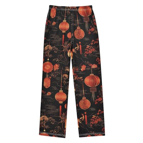 Chinese Lantern Flowers Boys Long Pants Soft Trousers Elastic Waist Kids Lounge Bottoms with Pockets S-XL