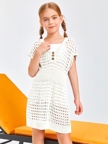 Image of Haloumoning Girls Crochet Swim Beach Cover Up Kids Fashion Button Short Sleeve Swimsuits Cover Ups 5-14 Years