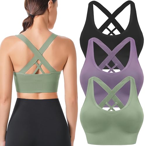 BLUELILY Sports Bras for Women High Impact Cross Back Strappy Bras Cropped Padded Seamless Workout Yoga Bras Set