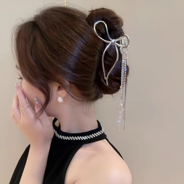Tassel silver scrunchie clip back of hair card grip large retro shark volume female