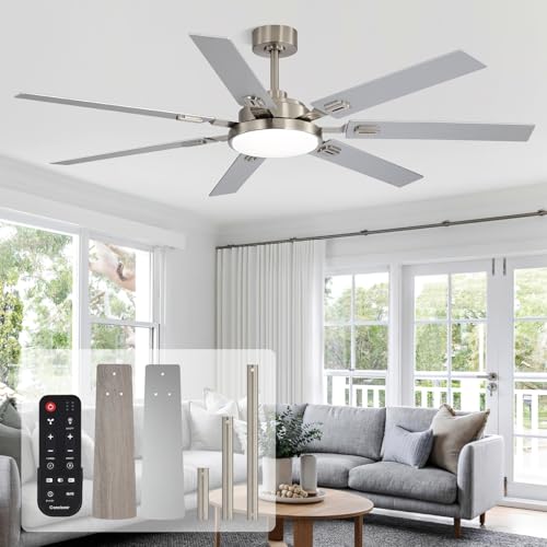 Image of 64 Inch Ceiling Fans with Lights and Remote, Bedroom Living Room Office Library Cafe Outdoor Industrial, 5CCT Dimmable, Dual Color 7 Blades, 6 Speed Reversible Quiet DC Motor, Sand-nickel /Wood Grain