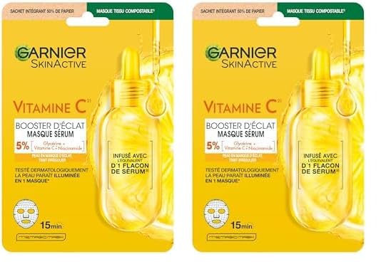 Garnier - Masque Tissu Hydratant - Booster d'Eclat - Enrichi en Vitamine C et Acide Hyaluronique - Formule Vegan - Pour les Peaux Ternes et Fatiguées - 28 g (Lot de 2) - 1 Unité (Lot de 2) - Produit unitaire