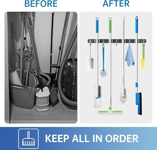 Nexellent Besenhalterung Wand-Wandregal aus Edelstahl 304 mit 5 Besenclips + 4 Haken. Doppelte Montage (Kleben/Bohren) für Küche, Garten u.v.m. Schafft sofort Ordnung! (2)