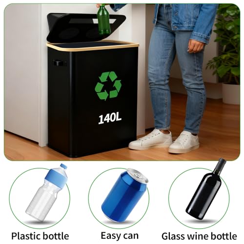 lompyeu 140L Pfandflaschen Sammelbehälter 2 Fächer, Pfandflaschen Behälter [inkl. 4 XXL Tragetasche], Leergut & Altglas Aufbewahrung mit Loch, Flaschensammler leergut für Küche & Abstellraum