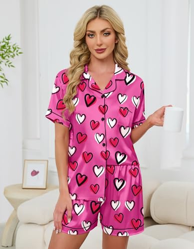 Image of Schbbbta Women Pajamas Set, 2 Pieces Satin Silk Button Down Pjs Short Sleeve Outfits Loungewear