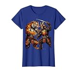 Tiger vs Samurai Warrior Graphic Design T-Shirt, Women, Royal Blue, Small