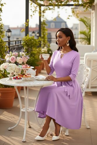 Image of CLOCOR Midi Dresses for Women Casual A-Line Fit and Flare Dress Crewneck 3 /4 Sleeve Keyhole Cocktail Party Church Dress