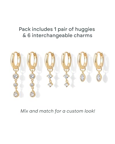 PAVOI 18K Gold Plated Huggie Earrings and Charm Set for Women | Mix and Match Earring Pack with Cubic Zirconia Pearl Opal Star Heart Evil Eye Snake Boho Charms3