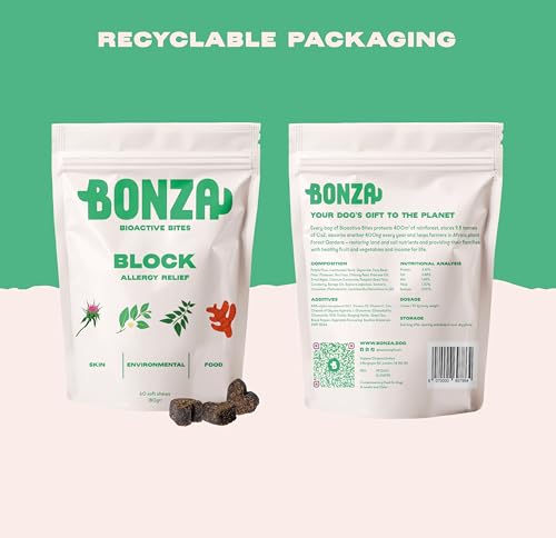 Bonza Bioactive Bites for Dogs – Allergy & Skin Support – Itchy Skin Relief Chew with Botanicals, Omega-3, Probiotics & Prebiotics – Natural Antihistamine, Soothes Skin & Supports Coat – 60 Soft Chews