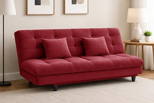 Image of Velvet 3-Seater Apsen Sofa Bed with Tufted Sleeper Couch with Adjustable Backrest- Living Room Furniture - Red Color