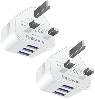 2 Pack USB Plug UK 3 Pin Mains Charger,Rekavin Multi USB Charger Plug Adaptor UK Compact Triple Port Charge Head 5V/2.4 AMP Charging for iPhone 11/11 Pro/10/Xs/XS Max/XR/X/8/7/6 Plus/5/4,iPad etc