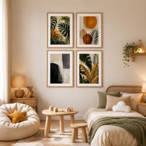Image of Livin'luxe Set of 4 Tropical Botanical & Geometric Abstract Wall Paintings with Sparkle Laminate and Premium Wooden Synthetic Frame for Living Room Bedroom Office Decor (13.5 x 19.5 Inch)