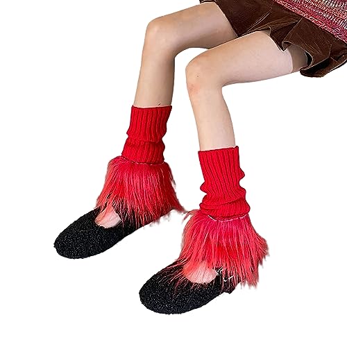 Image of Women Leg Warmer Girls Faux Fur Trim Knitted Leg Cover Lolita Winter Warm Long Socks Furry Boot Cuff