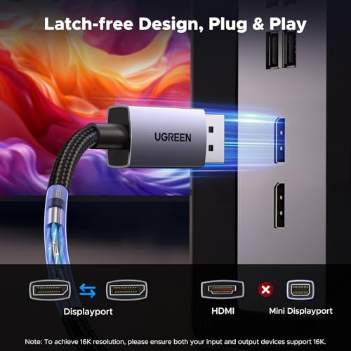 UGREEN 16K@60Hz DisplayPort Cable 6.6FT Support 80Gbps 8K@240Hz, 4K@480Hz Braided DP 2.1 to DP Lead HDCP 2.3, DSC 1.2a, FreeSync&G-Sync, HDR Display Port Cord for TV Gaming Monitor Graphics PC (2M)