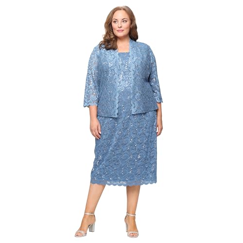 Image of S.L. Fashions Women's Tea Length Sequin Lace Mother of The Bride Dress with Illusion Sleeve Jacket