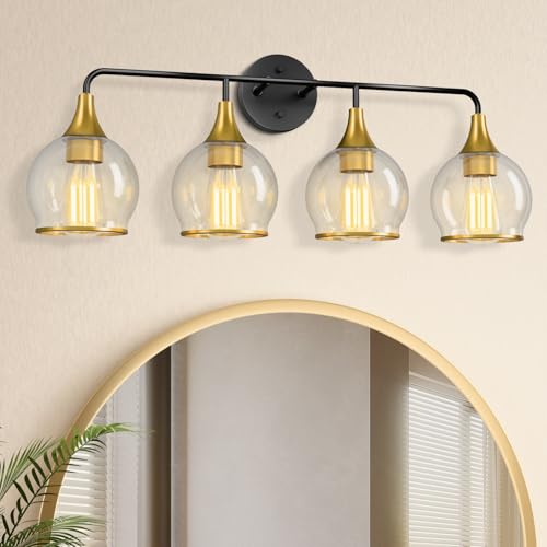 Image of 4-Light Bathroom Light Fixtures, Black Gold Modern Vanity Lights with Clear Glass Shade, Bathroom Wall Lamp for Mirror Living Room Hallway Cabinet Porch, ETL Listed