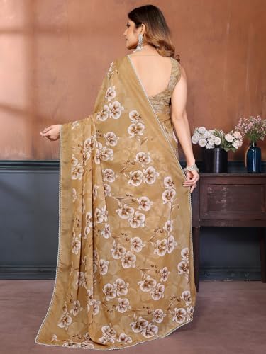 Image of Satrani Women's Georgette Floral Printed Saree with Unstitched Blouse Piece